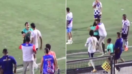 Un jugador agredió a una árbitra, ella intentó defenderse y tuvieron que frenarla