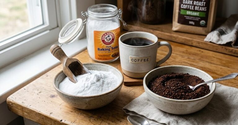 Mezcla de café usado y bicarbonato de sodio en un recipiente, lista para usar en el hogar.