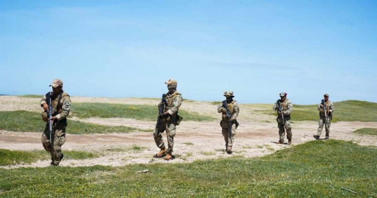 Logotipos de las fuerzas armadas de Argentina y Estados Unidos con un mapa de fondo.