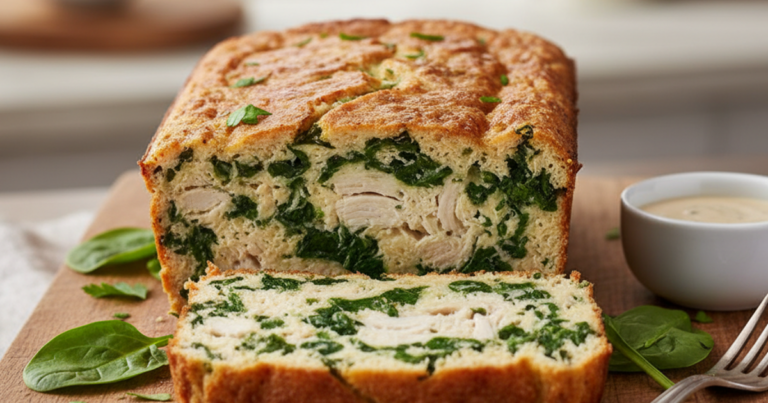 Porción de budín de espinaca y pollo servido en un plato, listo para consumir.