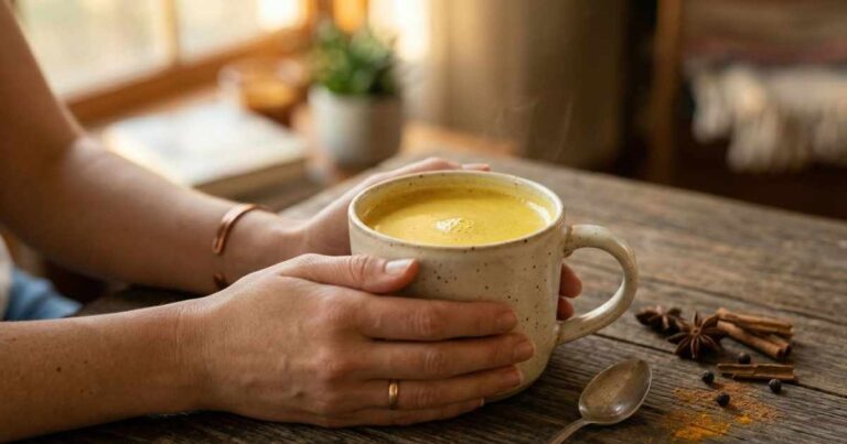 Raíz de cúrcuma fresca y polvo de cúrcuma en un fondo neutro.