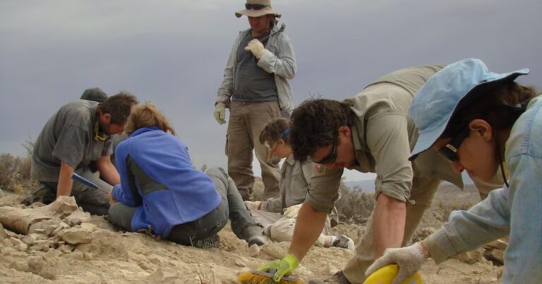 Recreación artística del dinosaurio Bicharracosaurus dionidei en un paisaje patagónico.