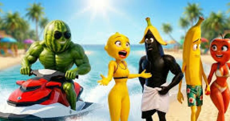 Ilustración de frutas y verduras representando personajes en una escena de trama emocional, simbolizando los videos virales de 'frutas infieles'.