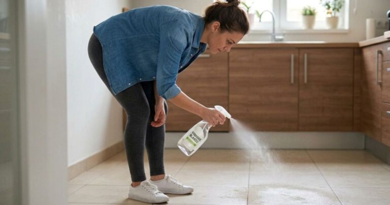 Botella de vinagre blanco y productos de limpieza naturales sobre una mesa de cocina