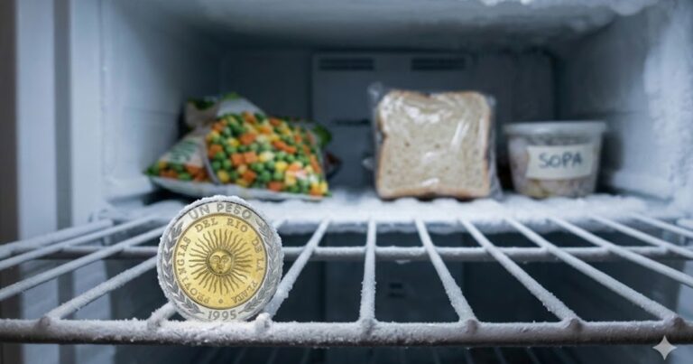 Ilustración de una moneda sobre un bloque de hielo dentro de un congelador.