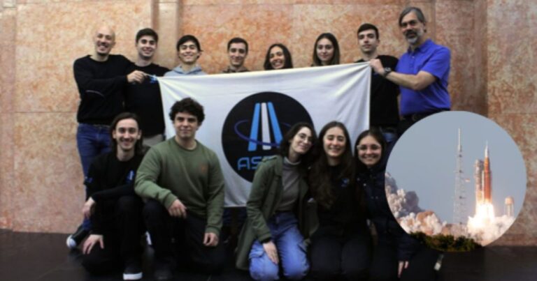 Ilustración de un microsatélite en el espacio con la bandera argentina.