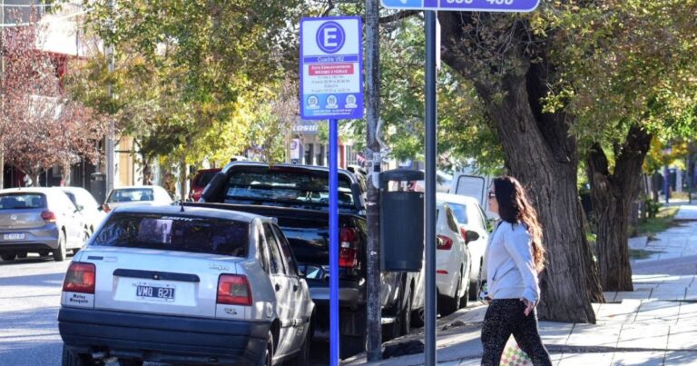 Obra de construcción y señalética de estacionamiento medido en avenida Mosconi, Neuquén.