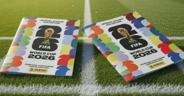 Logotipo de Panini y una representación del álbum de figuritas del Mundial de Fútbol.