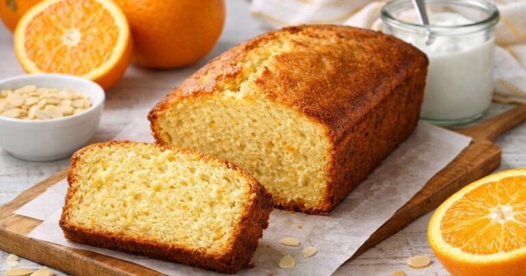 Budín de naranja y yogur sin TACC y sin azúcar, recién horneado, sobre una mesa.
