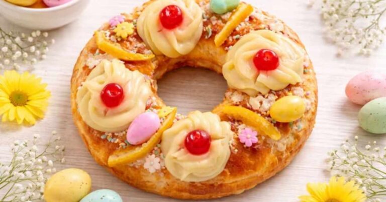 Roscas de pascua veganas decoradas con frutos secos e higos sobre una mesa.