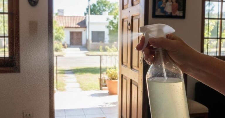 Vaso con sal y vinagre sobre una mesa, como parte de un ritual doméstico.