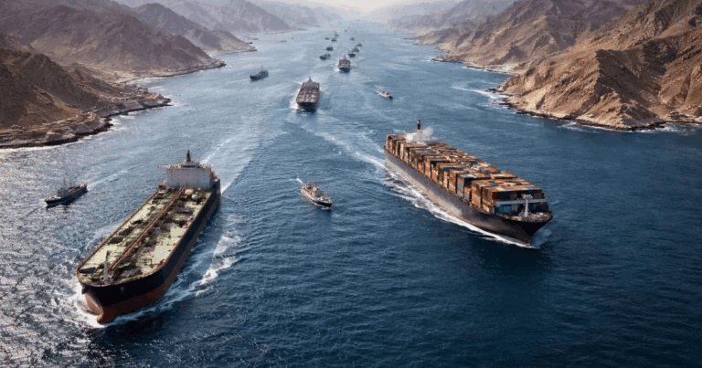 Mapa que destaca la ubicación estratégica del estrecho de Ormuz y una referencia a la actividad petrolera en Vaca Muerta, Argentina.