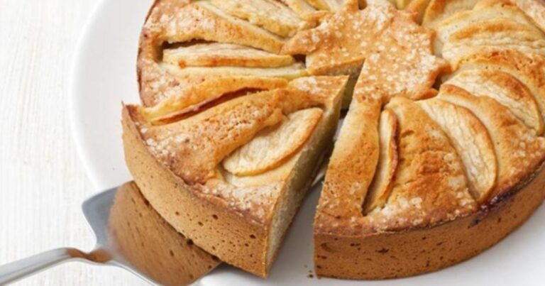 Porción de torta de manzana sin harina, decorada con una rodaja de manzana y canela, servida en un plato.