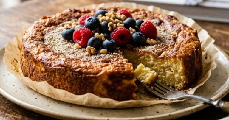 Foto de una porción de torta de yogur casera, esponjosa y decorada con frutas frescas.