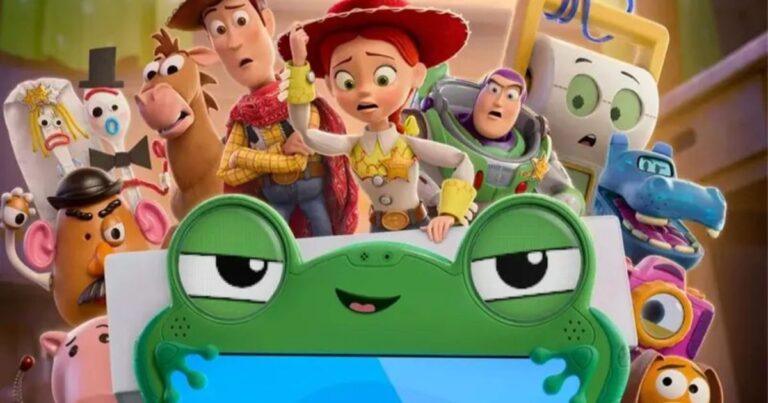 Poster promocional o imagen de los personajes de Toy Story 5, incluyendo a Woody, Buzz Lightyear y el nuevo dispositivo Lillypad.