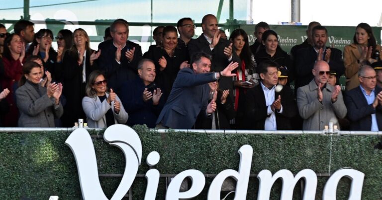 Vista del desfile por el 247° aniversario de Viedma en la avenida 25 de Mayo, con autoridades en el palco oficial.