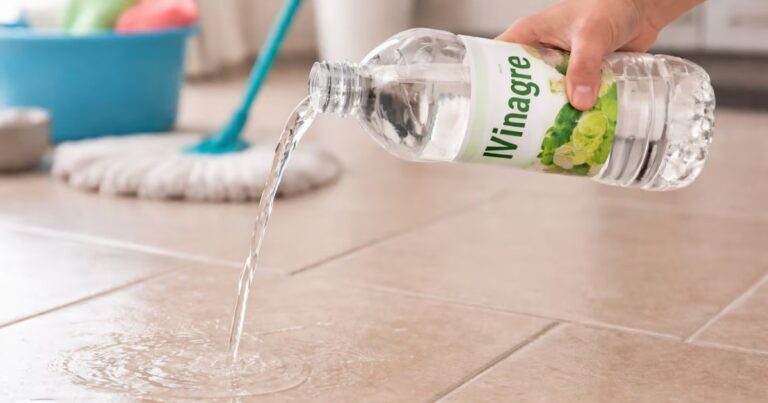 Botella de vinagre blanco y un trapo de limpieza sobre un piso