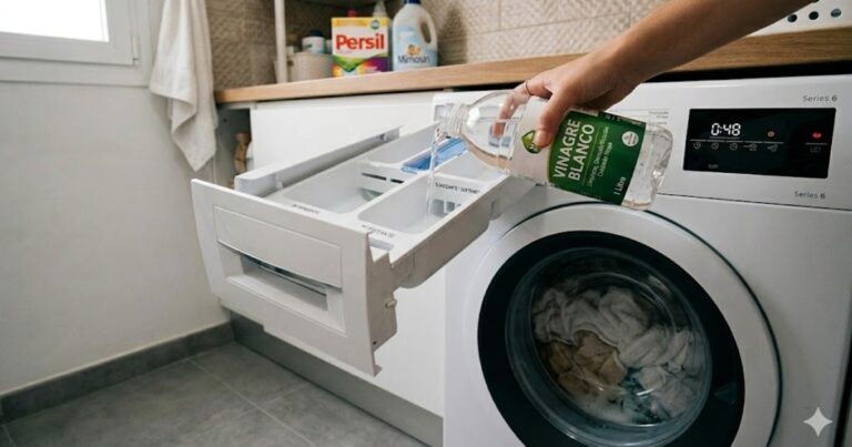 Botella de vinagre blanco junto a un lavarropas y ropa limpia